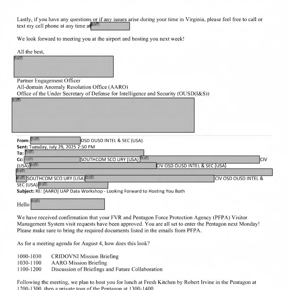 July 2025 email from an AARO partner engagement officer setting the agenda for a separate Pentagon meeting on 4 August 2025: a CRIDOVNI mission briefing, an AARO mission briefing, a discussion of future collaboration, lunch inside the Pentagon and a private tour. The officer also lists the topics AARO wanted Uruguay to cover.