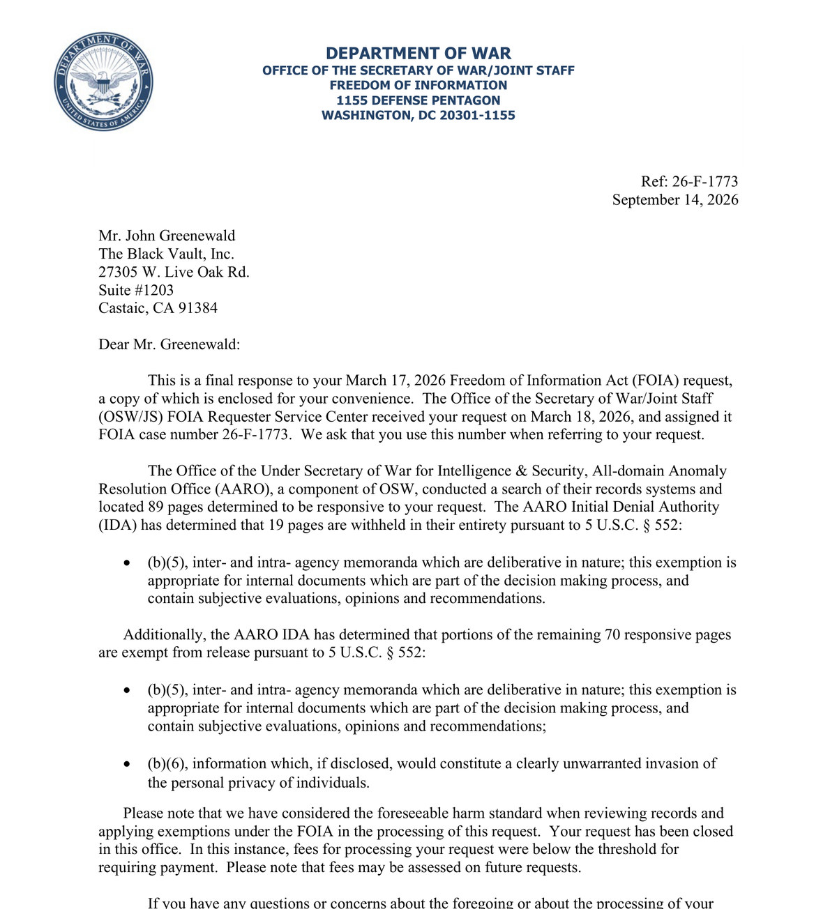 AARO's Private 2025 UAP Workshop and the Two Foreign Governments on the Roster: FOIA Case 26-F-1773 (14 September 2026)