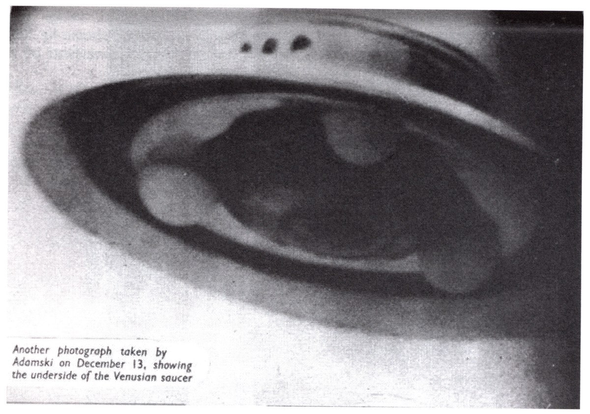 The underside of the scout ship, photographed by Adamski on December 13, 1952 and reproduced as a plate in Flying Saucers Have Landed: three ball landing gear under a circular flange. Plate via Denver Public Library Special Collections.