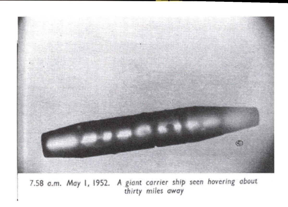 Flying Saucers Have Landed plate captioned 7.58 a.m. May 1, 1952, a giant carrier ship seen hovering about thirty miles away. Via Denver Public Library Special Collections.