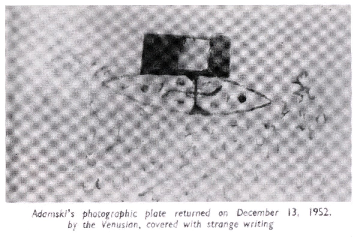 The photographic plate Adamski said the Venusian returned to him on December 13, 1952, covered with symbols. Book plate via Denver Public Library Special Collections.
