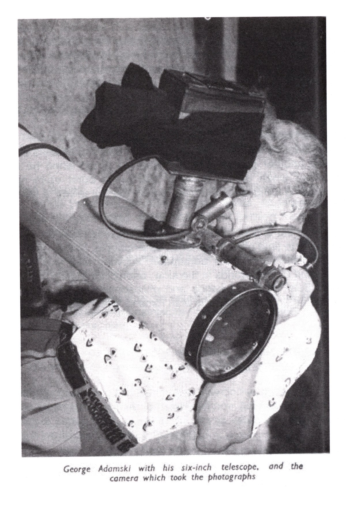 Adamski with the six-inch Newtonian telescope and the sheet-film camera that took the saucer photographs, as plated in Flying Saucers Have Landed. Via Denver Public Library Special Collections.