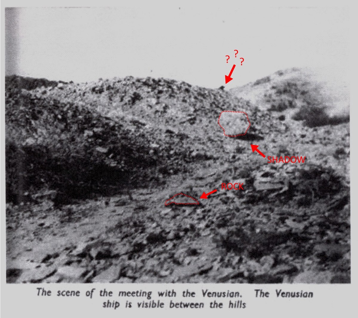 The November 20, 1952 Desert Center meeting-scene plate, with the book caption claiming the Venusian ship is visible between the hills. Annotations by Denver Public Library researchers mark the candidate object and the shadow and rock beside it.