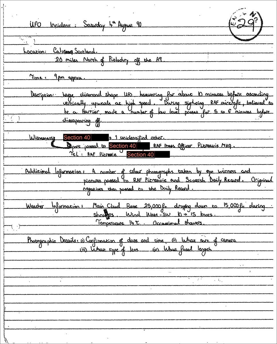 Handwritten MoD desk officer note from September 1990 describing the Calvine sighting, released in 2009.