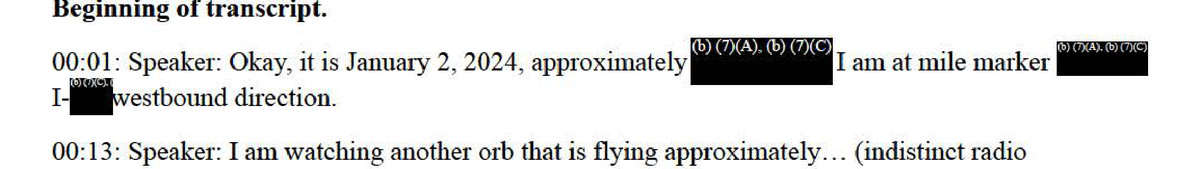 The opening of LLE-UAP-D004, one of three transcripts added to Release 06 after publication. The officer speaks the date, 2 January 2024, in the clear, while the time, the mile marker and the interstate number beside it stay withheld under exemptions (b)(7)(A) and (b)(7)(C). This line established that the January record is a separate sighting and not a late submission of October material.