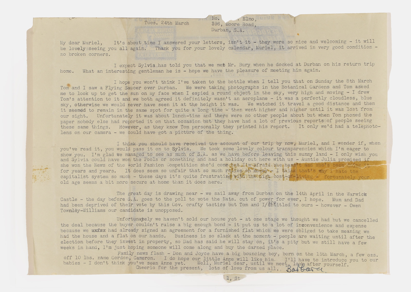 The Durban Letter: A 1953 Flying Saucer Seen From the Botanic Gardens