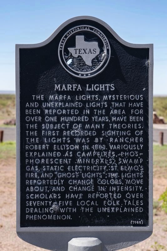 Texas Historical Commission marker 3208, erected 1988 beside U.S. Highway 90. Its inscription is the source of the officially recorded first-sighting date and reads in part: "The first recorded sighting of the lights was by rancher Robert Ellison in 1883." The inscription was read directly from this photograph. The case file treats that date as the conventional and officially inscribed claim, not as a documented one. Photograph by Mansfieldphoto.com, 1 August 2025, via hmdb.org.