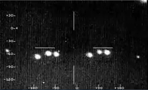 Still from the C-26A FLIR camera showing the row of bright infrared objects tracked over Campeche.