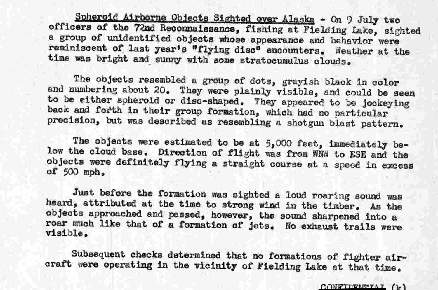 Page fourteen of the estimate, the substantive UAP content in the document. It describes about twenty grayish black spheroid or disc shaped objects seen on 9 July by two officers of the 72nd Reconnaissance while fishing at Fielding Lake, flying a straight course below the cloud base with a sound like a formation of jets and no exhaust trails, and records that subsequent checks found no fighter formations operating in the vicinity.