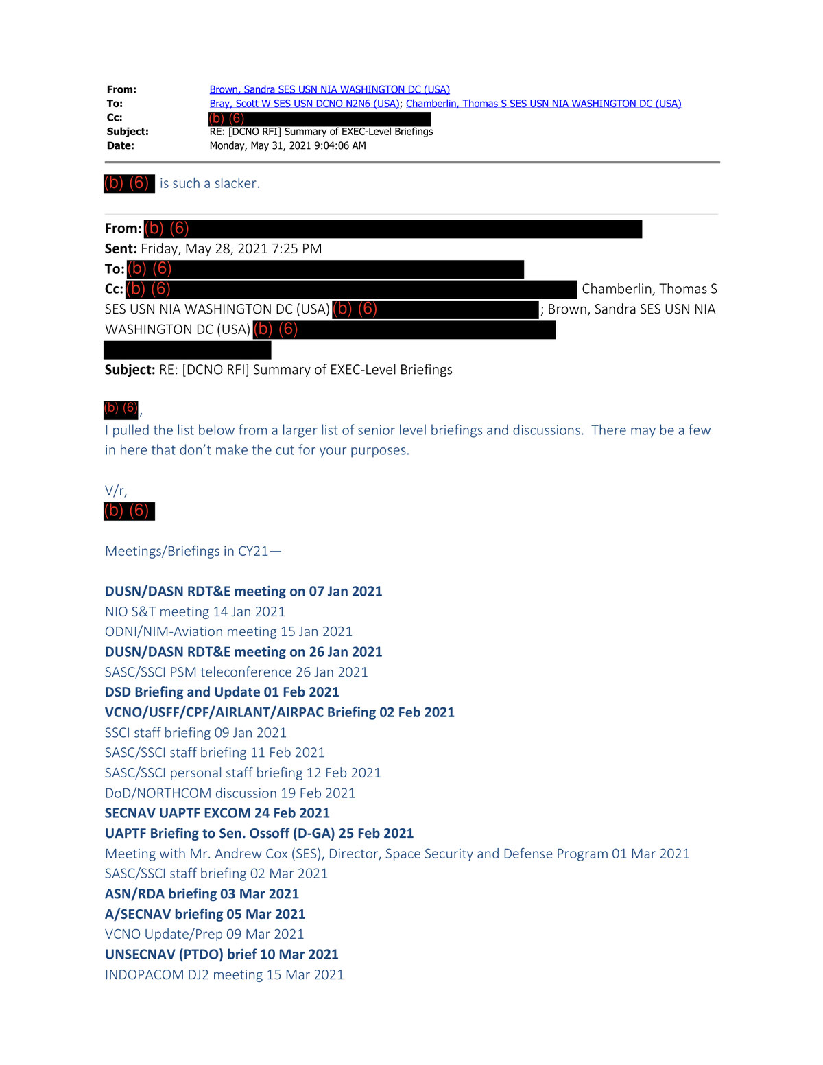 The head of the same roster, showing the message header addressed to Bray and to fellow Senior Executive Service officer Thomas S. Chamberlin, the compiler's caveat that the list was pulled from a larger list of senior level briefings, and the first entries for January and February 2021.
