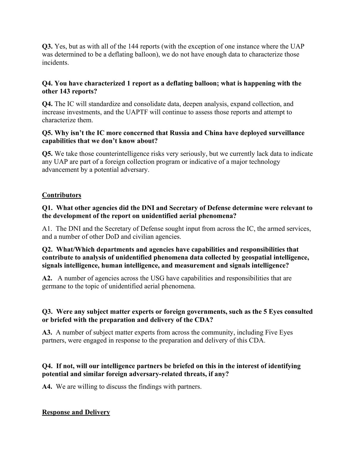 The prepared question and answer package for the June 2021 assessment. The lower portion carries the answer stating that subject matter experts from across the community, including Five Eyes partners, were engaged in the preparation and delivery of the congressionally directed action. The published nine page assessment contains no such statement.