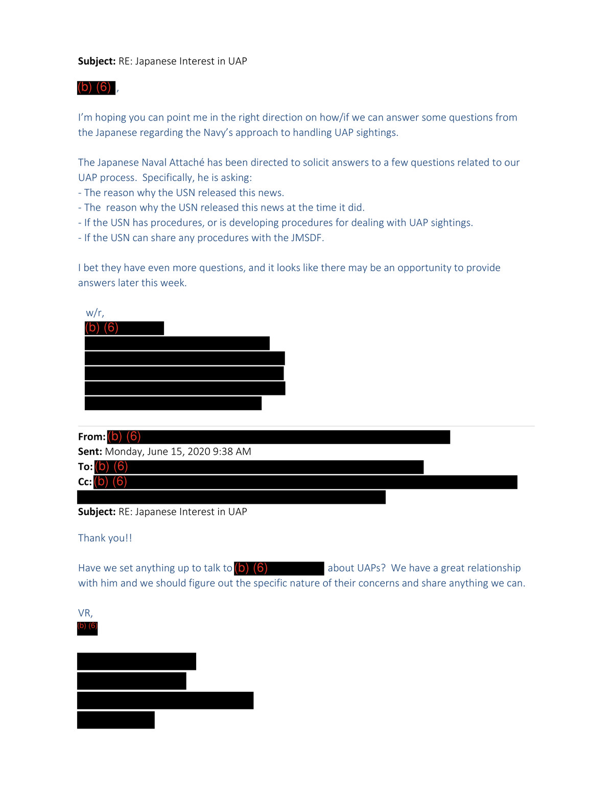 The June 2020 message setting out the four questions the Japanese Naval Attache had been directed to ask about the United States Navy's handling of UAP sightings, including whether procedures could be shared with the Japan Maritime Self-Defense Force.