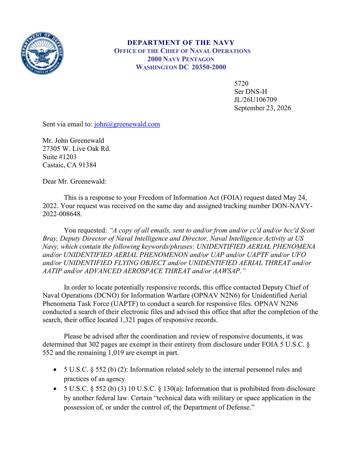 The Scott Bray UAP Emails: The Navy's 1,321 Page FOIA Release (23 September 2026)