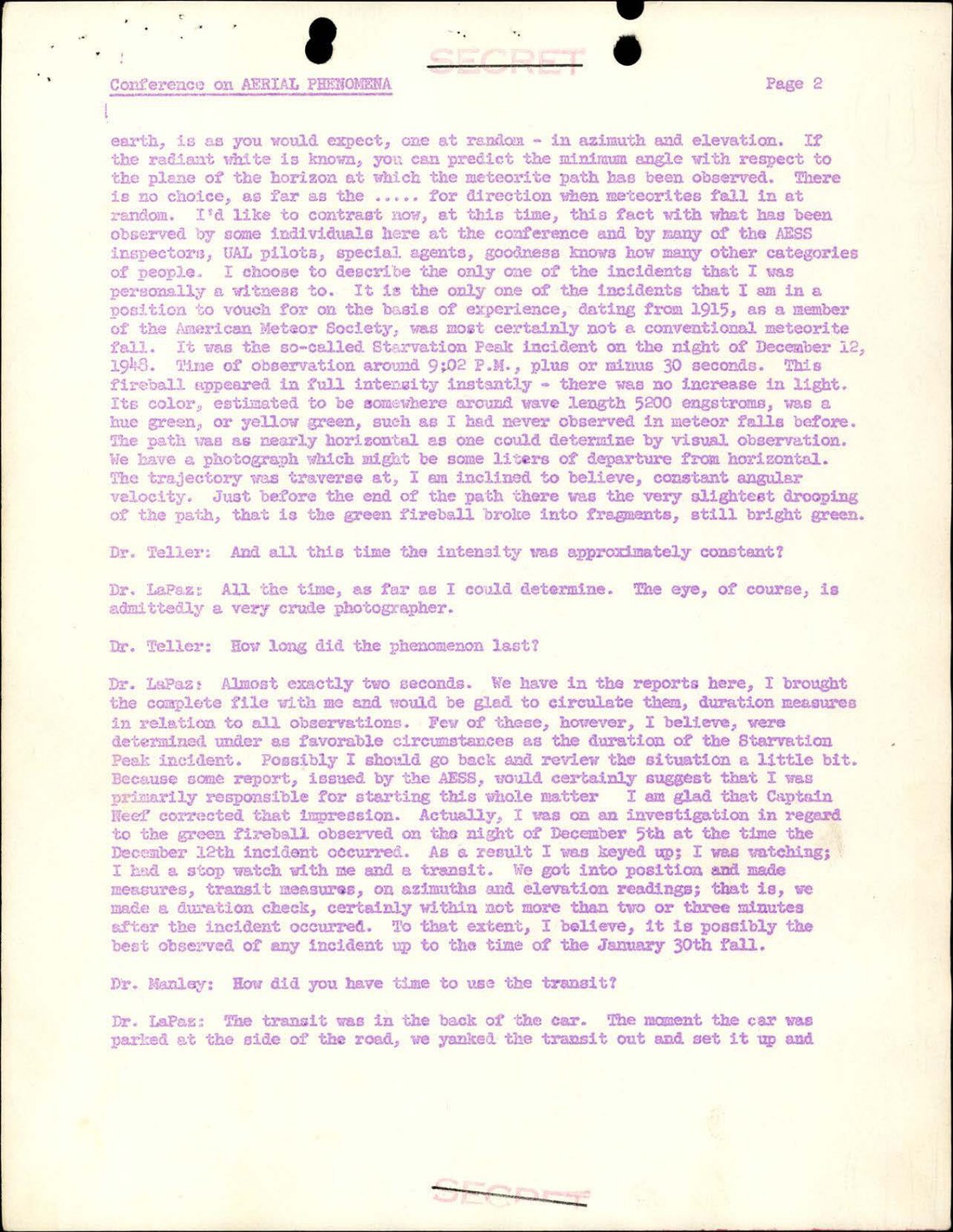 A page of the 1949 conference transcript in which Dr. Lincoln LaPaz describes his own Starvation Peak sighting to Dr. Edward Teller: a green fireball near 5,200 angstroms, appearing at full intensity instantly, on a nearly horizontal path, lasting about two seconds. From DOE-UAP-D004, declassified 2026.