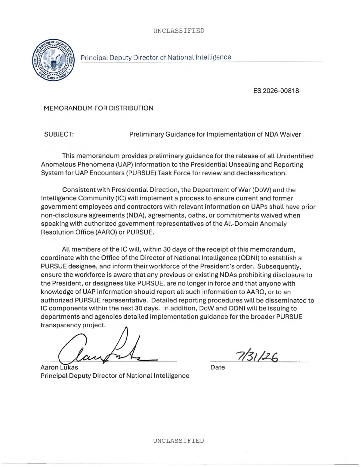 The ODNI Memorandum That Put the UAP NDA Waiver Into Force (ES 2026-00818)