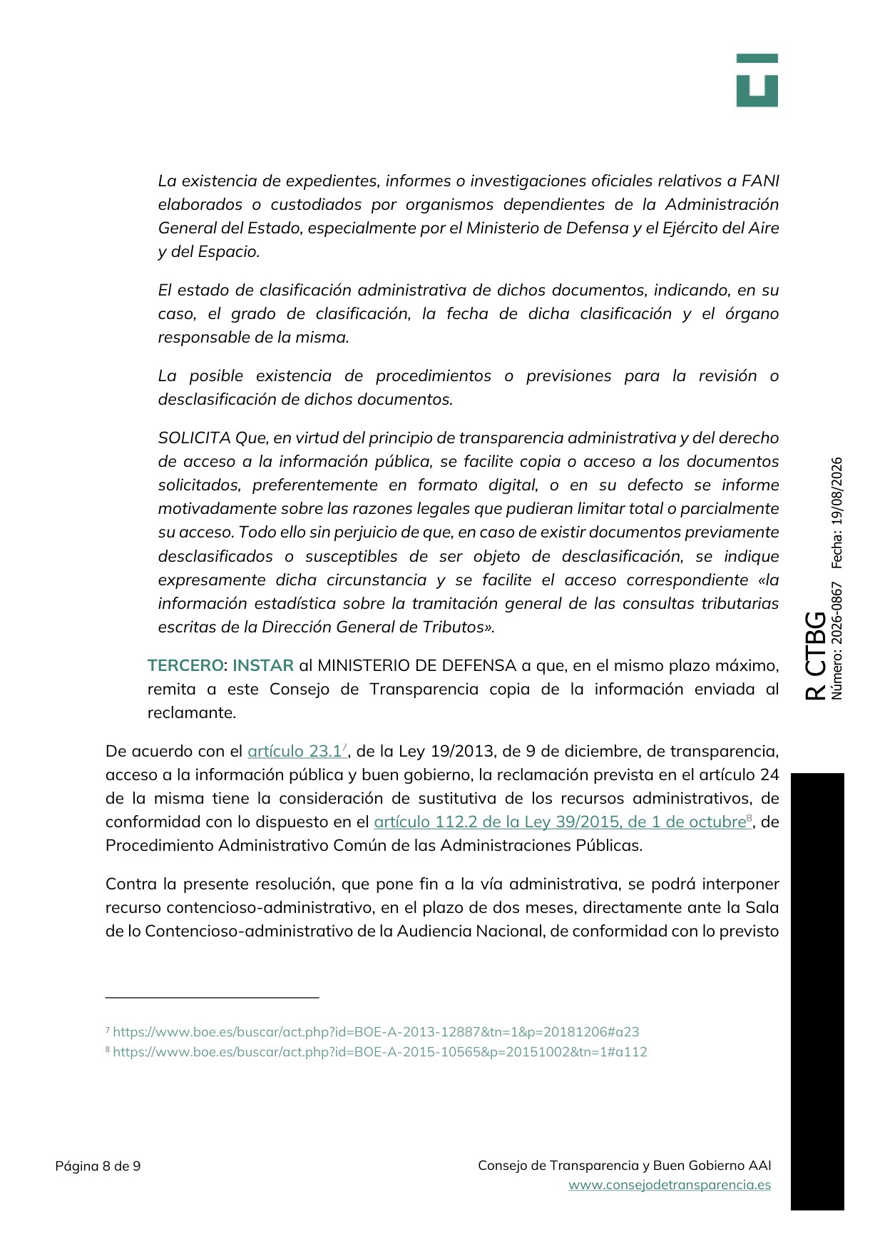 Spain Orders Its Defence Ministry to Account for Its UFO Files: Transparency Council Resolution R CTBG 0867/2026