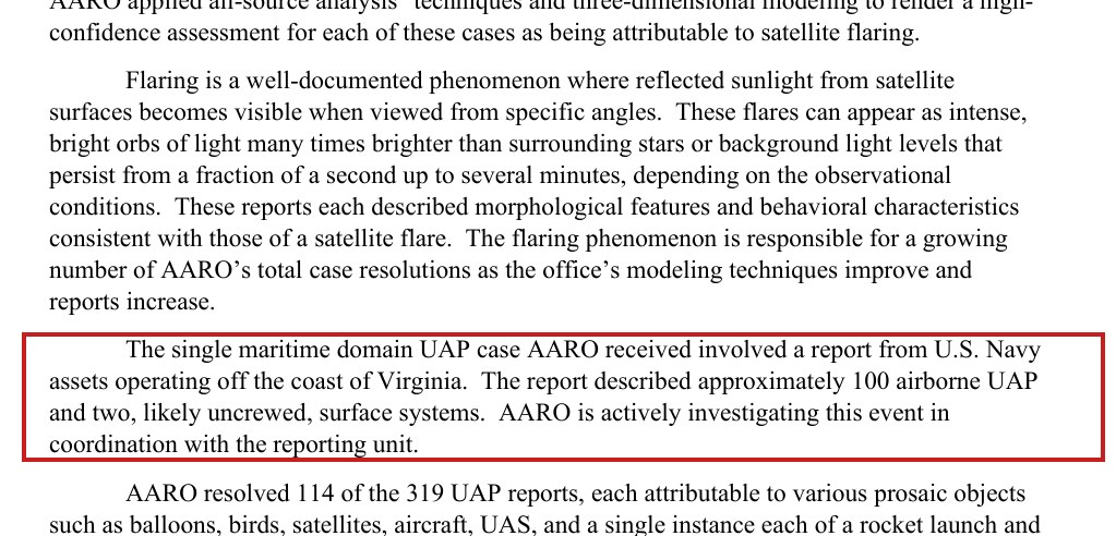 The disclosing paragraph itself, from page 5 of AARO's FY2025 report: the single maritime-domain UAP case, describing approximately 100 airborne UAP and two likely uncrewed surface systems off the coast of Virginia. Source: U.S. Department of War / AARO, FY2025 UAP Annual Report (red highlight added).